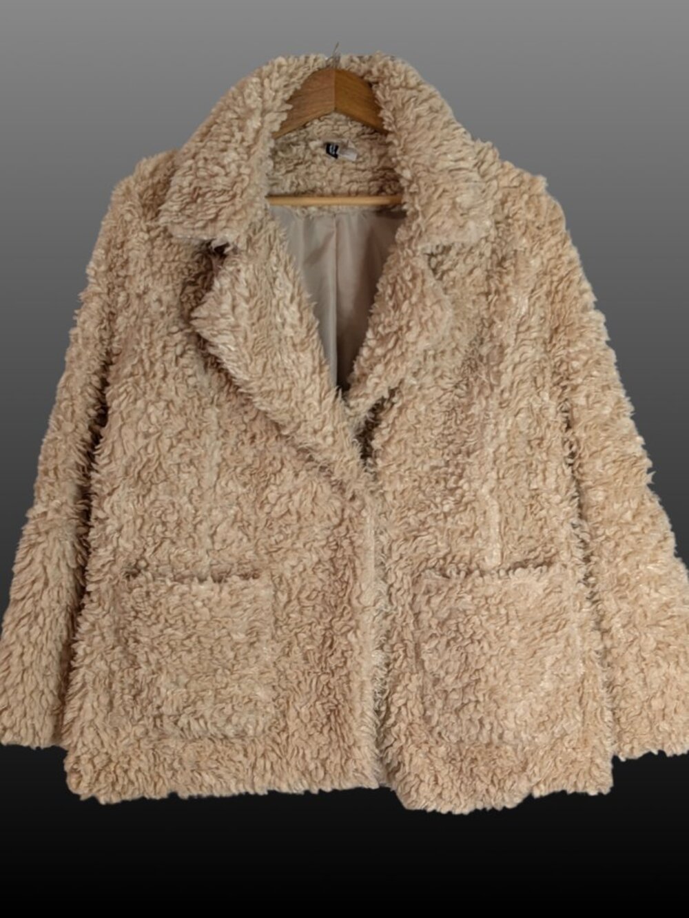 Teddy Faux Fur Jacket Beige Notched Lapel L Patch Pockets Cozy Minimalist H&M - Picture 4 of 14